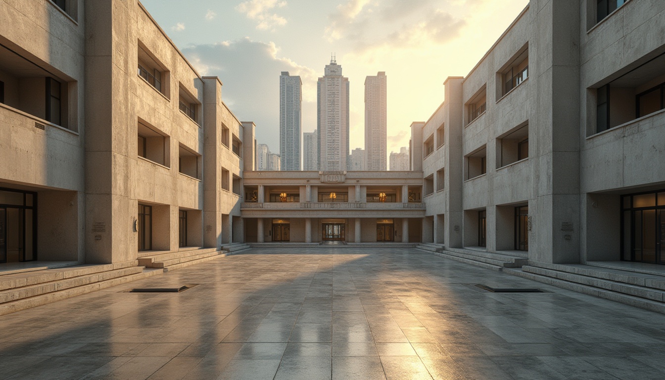 Prompt: Art Deco style, middle school building, incorporating concrete materials, geometric patterns, ornate details, modernist architecture, brutalist elements, abstract sculptures, urban landscape, city skyline, afternoon sunlight, warm ambient lighting, shallow depth of field, 3/4 composition, symmetrical axis, bold lines, minimalist color palette, industrial texture, raw concrete walls, polished concrete floors, steel beams, glass windows, rectangular shapes, futuristic atmosphere.