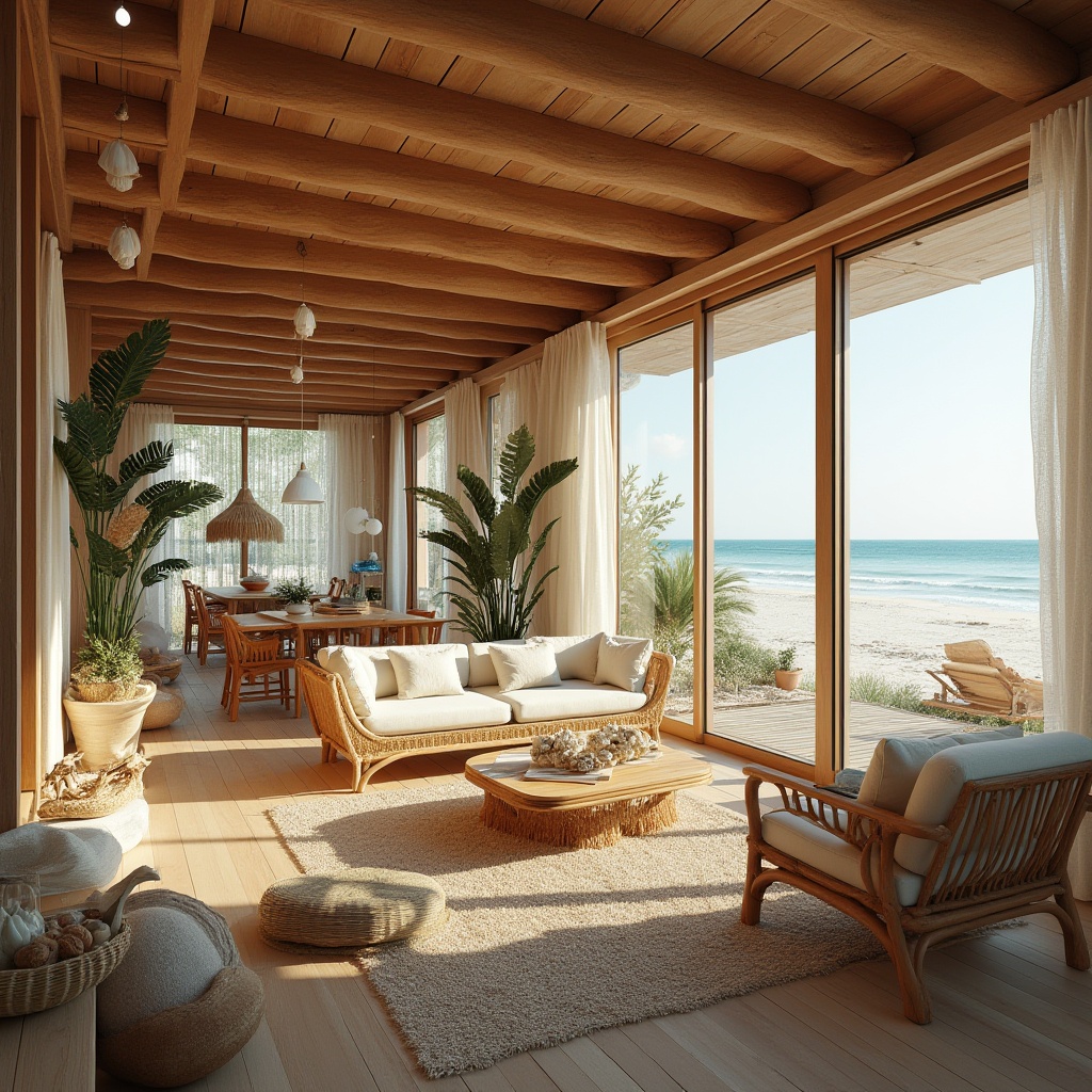 Prompt: Beach house, eco-friendly, sustainable design, modern architecture, large windows, sliding glass doors, natural ventilation, solar panels, recycled wood, bamboo flooring, wicker furniture, coastal decor, ocean views, beachy vibes, warm lighting, cozy atmosphere, seashell wind chimes, driftwood accents, coral-inspired colors, serene ambiance, 3/4 composition, soft focus, natural texture, warm color palette.