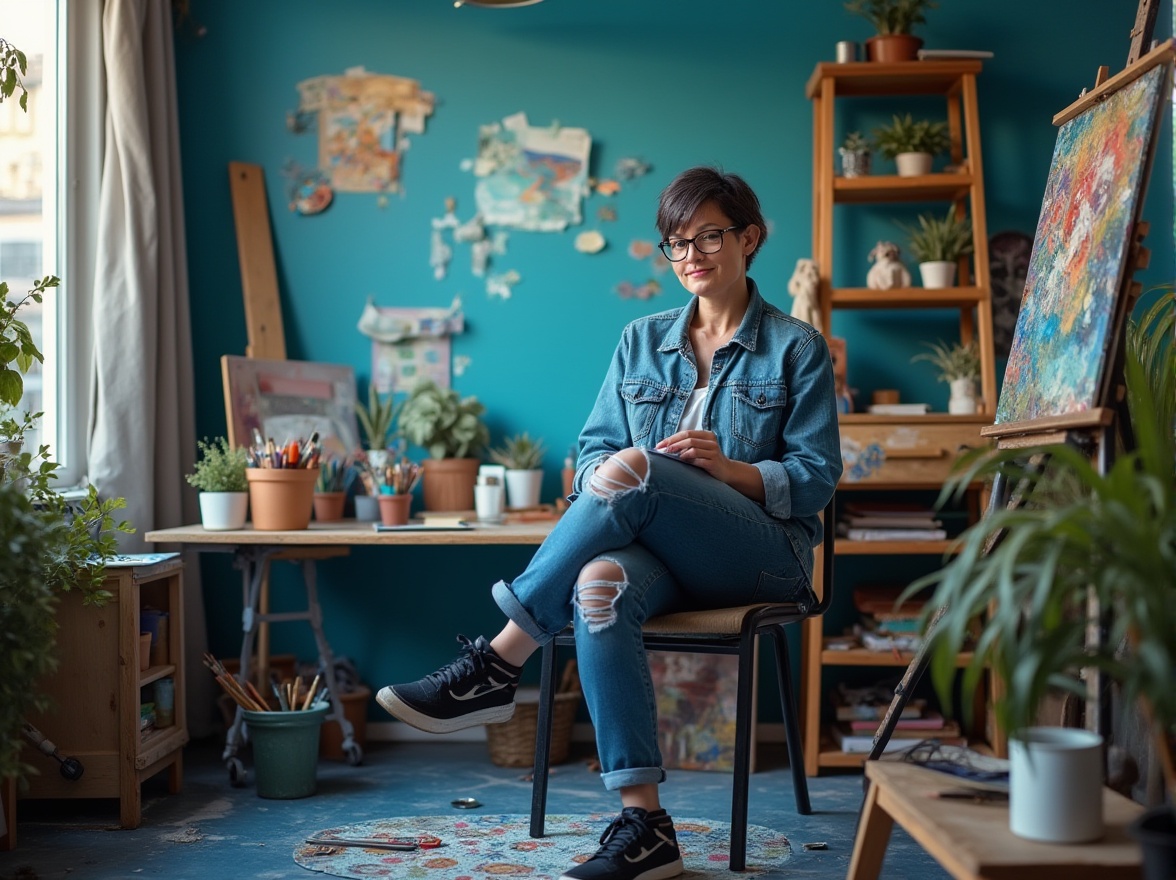 Prompt: Indigo-colored background, vibrant creative studio, artistic messy desk, paintbrushes scattered, colorful palettes, inspiration boards, eclectic decorative items, mature artist, 30s, short indigo hair, thick-framed glasses, casual denim shirt, ripped jeans, sneakers, sitting in a chair, legs crossed, holding a sketchbook, pencils and markers nearby, natural light pouring through the window, urban cityscape outside, warm afternoon ambiance, shallow depth of field.