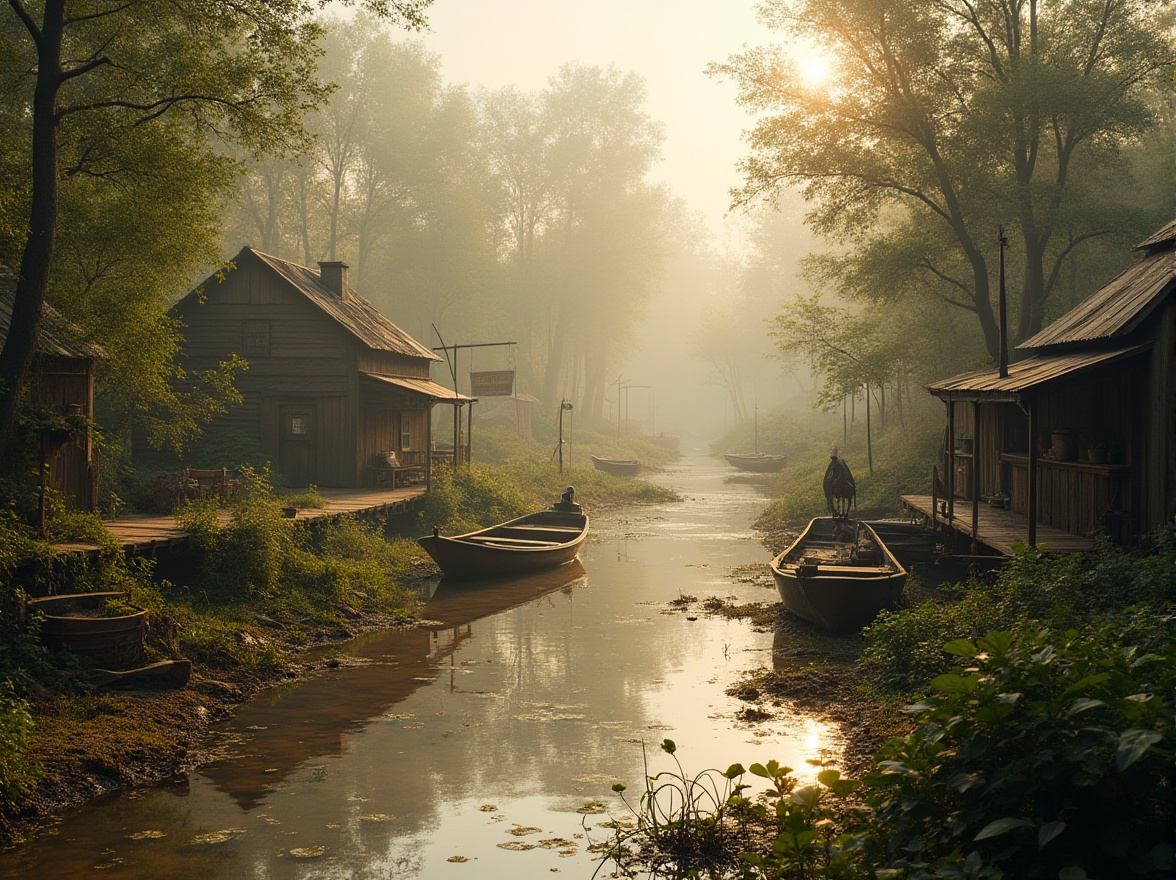 Prompt: Wetland scene, incorporating coffee color, serene atmosphere, warm sunlight, misty morning, lush greenery, tangled water plants, muddy banks, wooden docks, old fishing boats, vintage lanterns, rustic metal signs, earthy tone buildings, coffee-brown mud, beige reeds, soft focus, cinematic composition, 3/4 view, gentle ripples on the water surface, natural textures, subtle color palette.