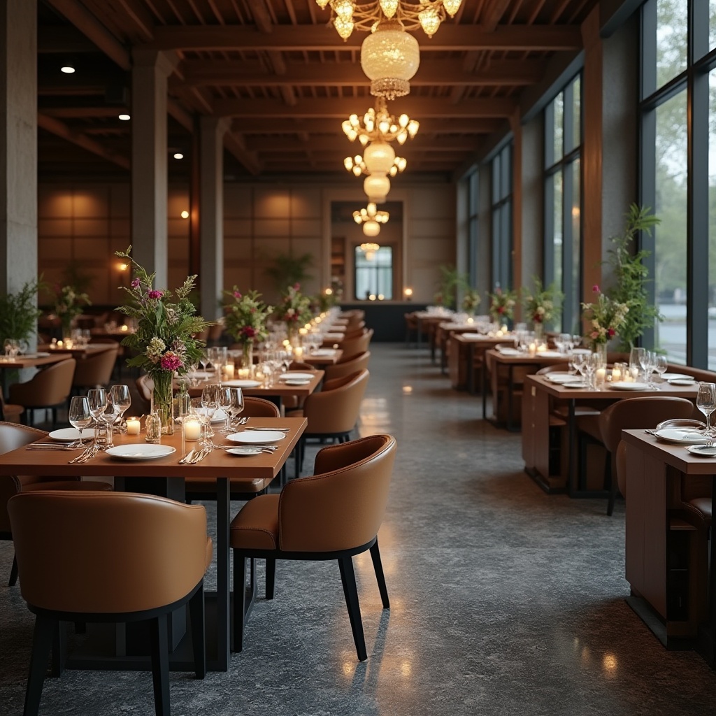 Prompt: Modern dining hall, luxurious atmosphere, granite flooring, polished finish, dark grey tone, natural texture, high ceiling, chandelier lighting, wooden tables, leather chairs, centerpiece flower arrangement, candles, soft background music, afternoon warm light, 3/4 composition, shallow depth of field, realistic rendering.