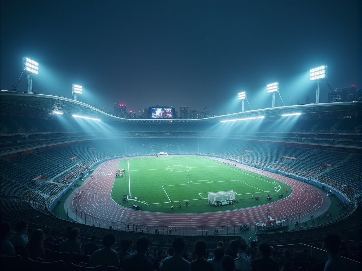 Prompt: Modern stadium, athletic field, night scene, spotlight illumination, sleek curved lines, futuristic architecture, fiber-cement material structure, cantilevered roof, grandstand seating, vibrant LED scoreboard, dynamic lighting effects, urban cityscape background, misty atmosphere, shallow depth of field, dramatic shadows, high-angle shot, cinematic composition.