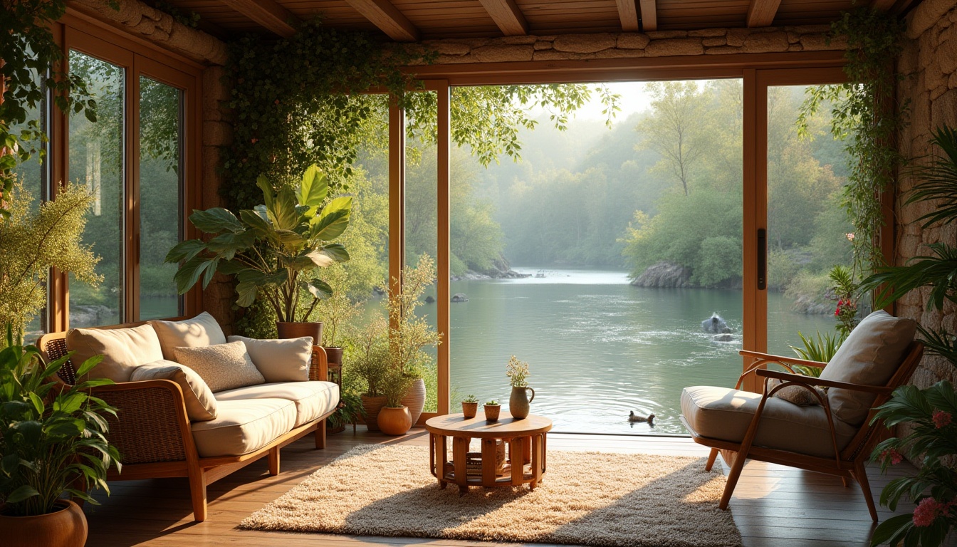 Prompt: Riverbank-inspired living space, cozy atmosphere, natural materials, wooden furniture, wicker chairs, stone walls, greenery surroundings, vines crawling up, blooming wildflowers, soft sunlight filtering through leafy trees, serene river view, gentle water flow sound, few ducks swimming lazily, peaceful morning ambiance, warm beige tones, comfortable plush carpets, large windows, sliding glass doors, 3/4 composition, soft focus, shallow depth of field.