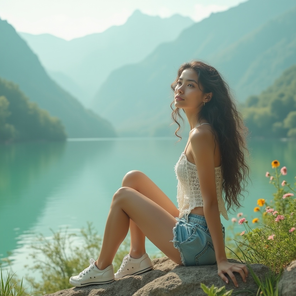 Prompt: Teal color palette, pastel turquoise, soft mint, creamy whites, gentle beige, calming atmosphere, serene landscape, peaceful lake, misty mountains, lush greenery, vibrant flowers, solo female, 20s, flowing curly hair, minimal makeup, casual outfit, ripped denim shorts, white crocheted top, sneakers, relaxed posture, sitting on a rock, gazing into the distance, warm sunlight, soft focus, shallow depth of field, cinematic composition, natural lighting.