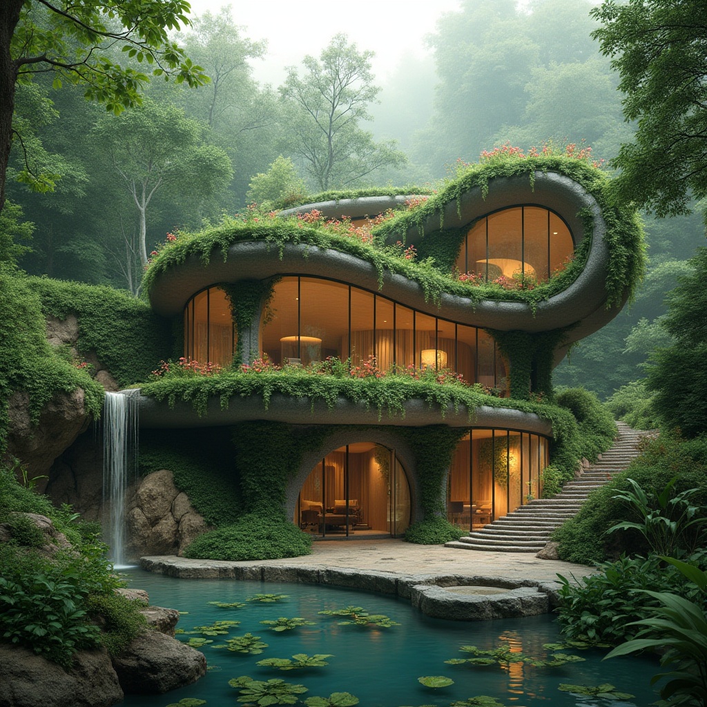 Prompt: Organic architecture, futuristic building, surrounded by lush green forest, vines crawling up walls, blooming flowers on rooftop, curved lines, natural materials, wood accents, glass facade, reflecting pool, waterfall feature, misty atmosphere, soft warm lighting, 3/4 composition, low-angle shot, emphasis on texture and structure, serene ambiance, integration with nature.