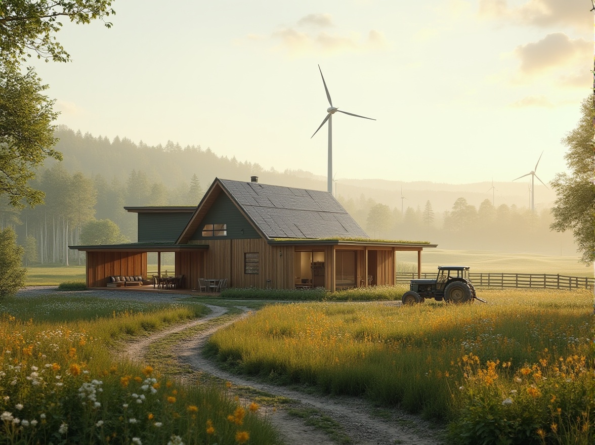 Prompt: Rural landscape, innovative design, modern farmhouse, wooden accents, solar panels, wind turbines, green roof, recycled materials, minimalist decoration, natural lighting, panoramic view, 3/4 composition, soft focus, warm color tone, rolling hills, wildflowers, scattered trees, winding dirt path, old wooden fence, vintage tractor, serene atmosphere, morning mist, ambient light.