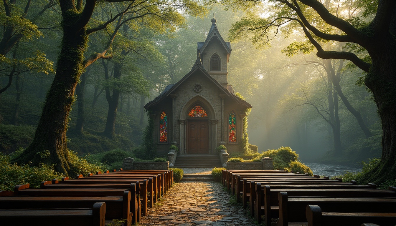 Prompt: Church, forest setting, serene atmosphere, stained glass windows, intricate stone carvings, wooden pews, natural light filtering through trees, moss-covered stones, vines crawling up walls, rustic wooden door, bell tower, surrounded by tall trees, misty morning, warm sunlight peeking through foliage, gentle stream flowing nearby, peaceful wildlife, birds singing in the distance, soft focus, cinematic composition, warm color palette.