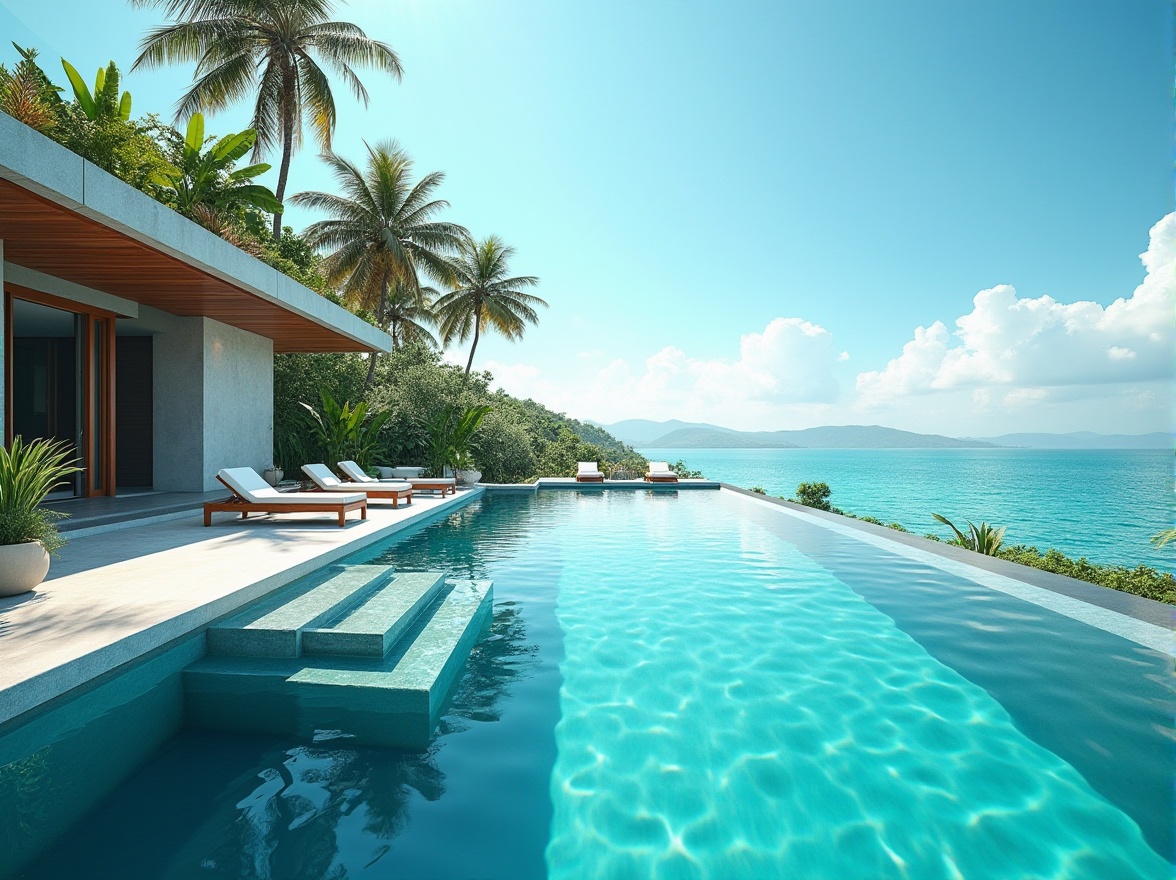 Prompt: Island, luxury villa, infinity pool, sleek modern design, turquoise water, swim-up bar, built-in loungers, waterfall feature, tropical plants, palm trees, sunny day, clear blue sky, 3/4 composition, low-angle shot, highlighting the pool's edge, soft focus on the surrounding landscape, warm and inviting ambient lighting.