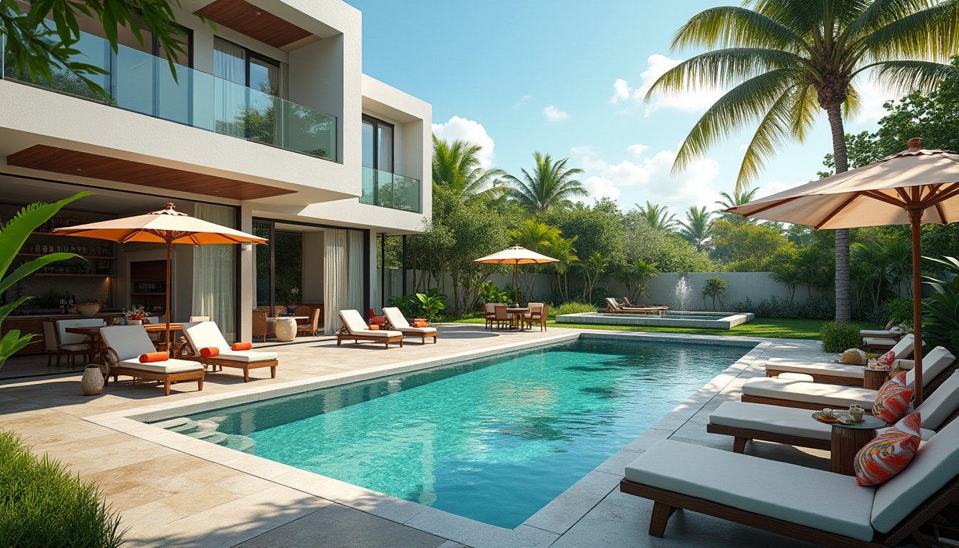 Prompt: Luxurious backyard, modern villa, warm sunny day, clear blue sky, few white puffy clouds, lush greenery surrounding the pool area, stylish lounge chairs, colorful striped towels, refreshing cocktails, ice buckets, poolside tables with umbrellas, natural stone pavement, water features, gentle stream, small waterfall, tropical plants, palm trees, bright turquoise pool water, sunken loungers in the pool, steps and ladders, modern architectural design, sleek lines, glass fencing, soft warm lighting, afternoon ambiance.