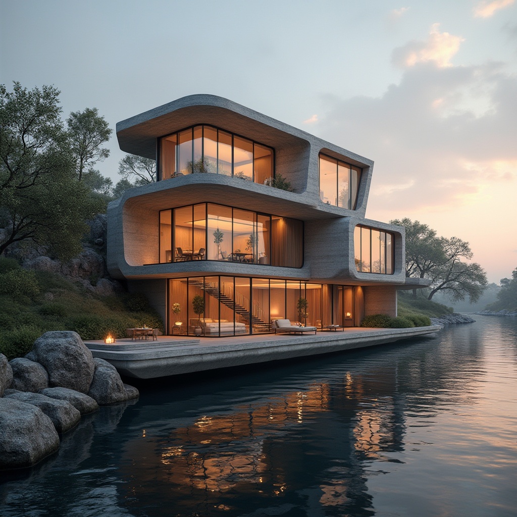 Prompt: Riverbank, innovative housing, structuralism style, futuristic architecture, curved lines, irregular shapes, cantilevered floors, large windows, glass façade, steel beams, wooden accents, modern minimal interior, open-plan living space, floor-to-ceiling windows, panoramic view, river scenery, sunset glow, soft warm lighting, 3/4 composition, wide-angle lens, cinematic mood, ambient atmosphere.