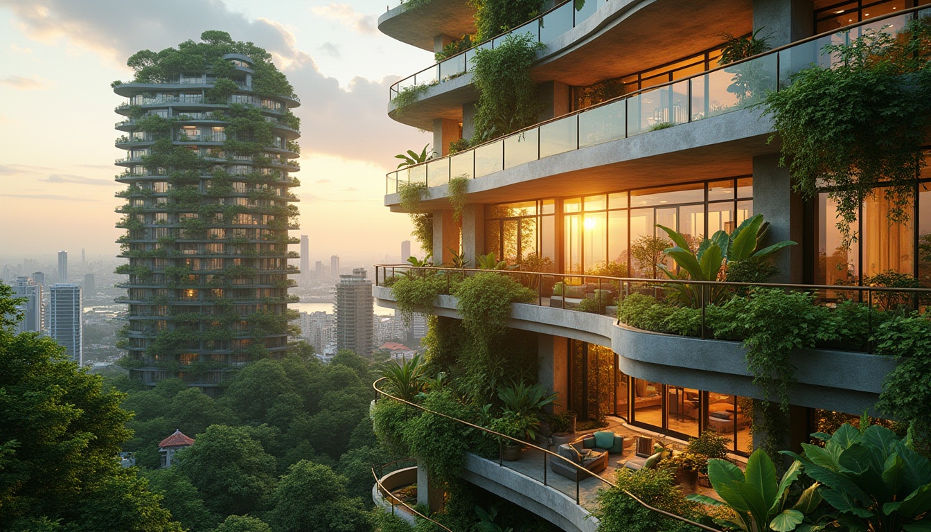 Prompt: Green rooftop garden, modern skyscraper, blended with natural curves, vines crawling up walls, lush greenery overflowing from balconies, solar panels integrated into roofing, minimalist glass railings, seamless merge of concrete and wood, tropical plants thriving in interior courtyard, natural light pouring through floor-to-ceiling windows, panoramic cityscape views, sunset hues casting warm glow, soft focus, ambient lighting.