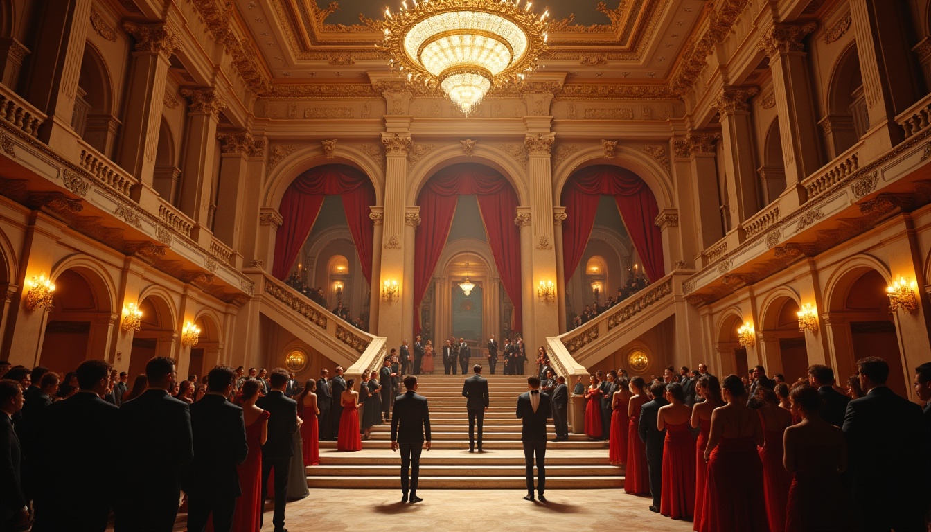 Prompt: Grand auditorium, Classical architecture style, ornate decorations, intricately carved stone columns, majestic arches, sweeping staircase, polished marble floors, elegant chandeliers, luxurious velvet curtains, dignified gentlemen in tuxedos, refined ladies in evening gowns, sophisticated ambient lighting, warm golden tones, subtle shadows, 3/4 composition, dramatic low-angle shot, symmetrical framing, soft focus on the background.