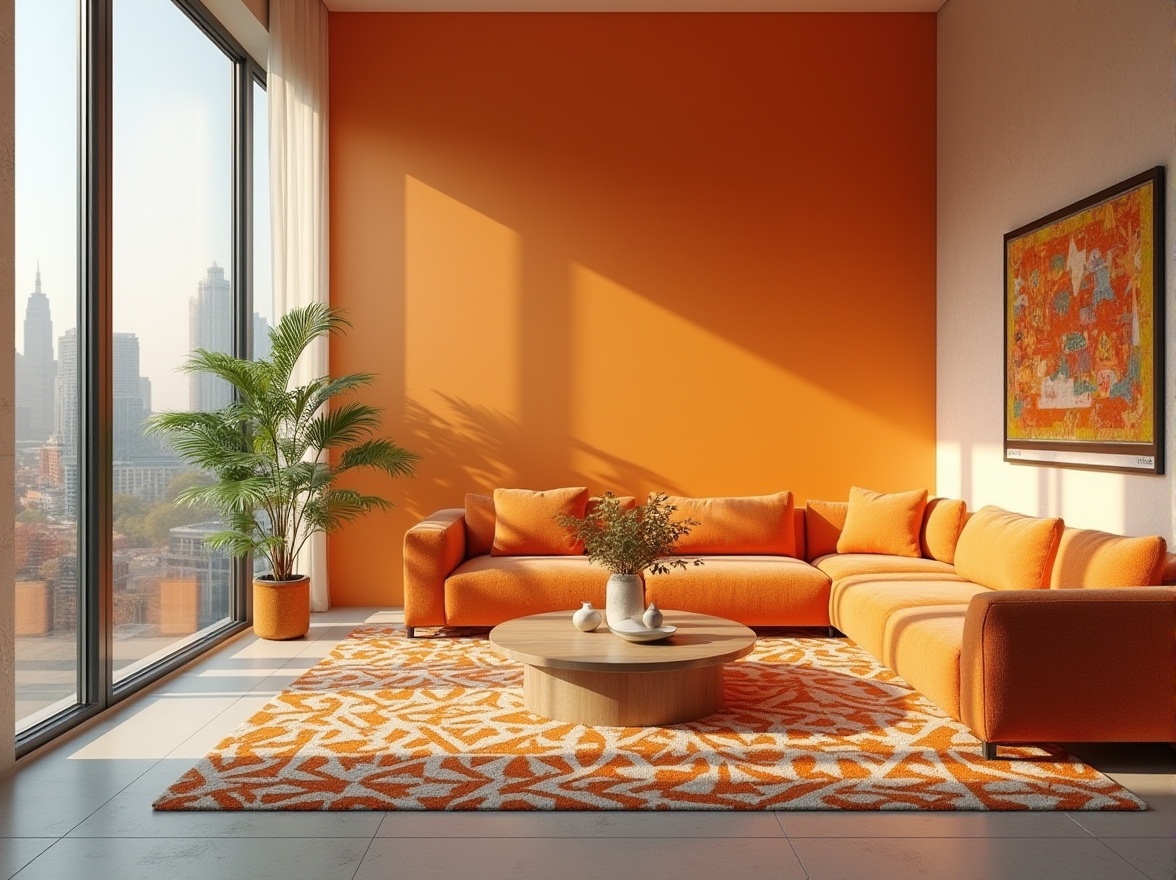 Prompt: Vibrant tangerine accent, minimalist interior design, modern living room, sleek low-profile sofa, geometric patterned rug, simple wooden coffee table, single stem flower vase, natural light pouring through large windows, urban cityscape view, 3/4 composition, shallow depth of field, warm softbox lighting.