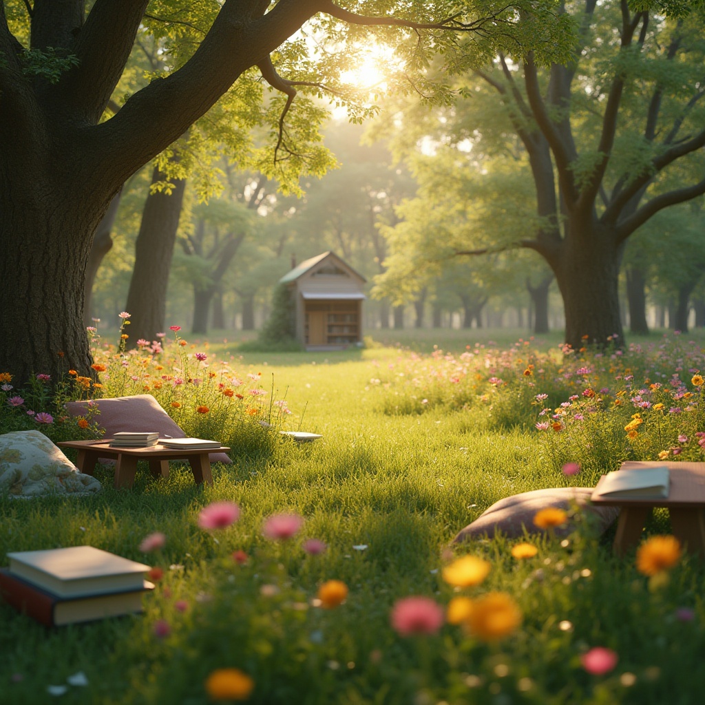 Prompt: Meadow-inspired learning environment, warm natural light, soft grass, colorful wildflowers blooming, a few wooden desks, comfortable cushions, open books, scattered papers, pencils, a small wooden library in the distance, surrounded by tall trees, gentle breeze rustling leaves, serene atmosphere, afternoon sunlight filtering through branches, warm shadows, 3/4 composition, shallow depth of field, soft focus on flowers, cinematic ambient lighting.