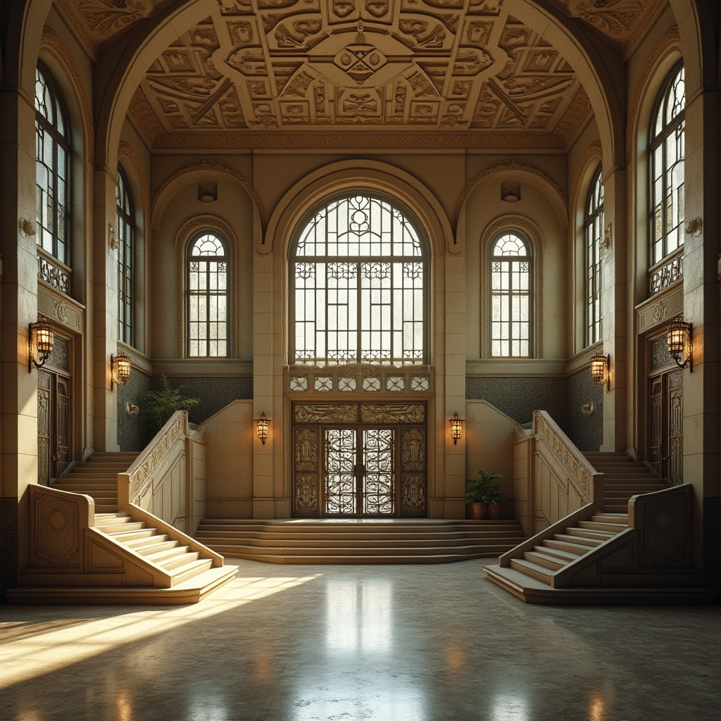 Prompt: Art Deco middle school, 1930s style, grand entrance, concrete walls, geometric patterns, ornate metal doors, intricate stone carvings, ornamental lamps, polished marble floors, sweeping staircases, high ceilings, large windows, natural light, urban cityscape, afternoon sunlight, soft shadows, warm ambient lighting, cinematic composition, detailed textures, realistic rendering.