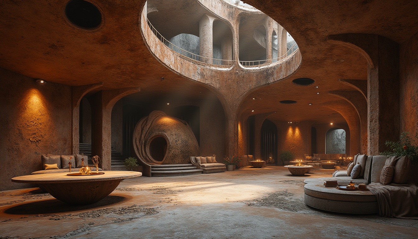 Prompt: Sand-casted materials, design concept, futuristic architecture, metallic structure, rusted surface, intricate patterns, ornate details, modern interior, luxurious furniture, ambient lighting, 3/4 composition, low-angle shot, shallow depth of field, soft focus, warm color tone.