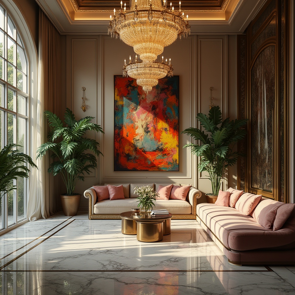 Prompt: Modern fusion, eclectic mix, luxurious interior, grand chandelier, marble floor, ornate Victorian furniture, sleek minimalistic sofa, bold colorful abstract artwork, lush green plants, natural light pouring in, soft warm atmosphere, 3/4 composition, shallow depth of field, warm tone, cinematic lighting, harmonious balance.