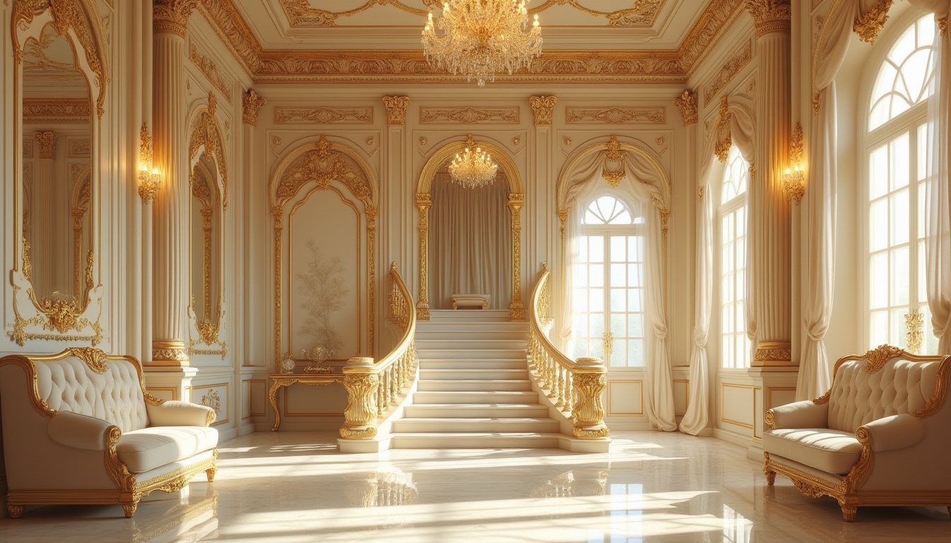 Prompt: Baroque interior, luxurious cream color, ornate gold frames, intricate patterns, velvet upholstery, majestic chandelier, grand staircase, marble floors, ornamental mirrors, lavish drapery, regal ambiance, warm lighting, soft focus, 3/4 composition, shallow depth of field.