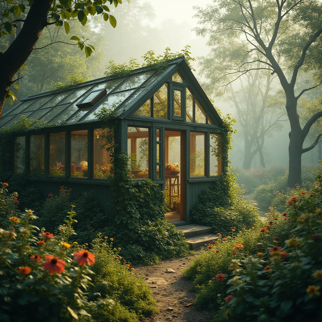 Prompt: Integrating greenhouses, blending into forest landscapes, lush foliage surroundings, wooden structure, transparent glass panels, vines crawling up walls, wildflowers blooming around base, misty atmosphere, soft morning light, dew droplets on leaves, forest floor composition, 3/4 angle view, warm color palette, natural texture, earthy tone, peaceful ambiance.