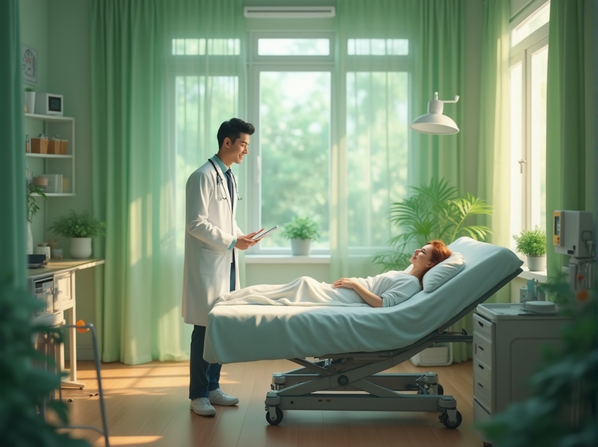 Prompt: Calming hospital interior, natural green walls, soothing ambiance, modern medical equipment, stainless steel machinery, soft green curtains, plants on shelves, wooden floors, gentle lighting, warm atmosphere, doctor in white coat, stethoscope around neck, gentle facial expression, standing near patient's bed, subtle smile, tender hands, patient lying comfortably, peaceful facial expression, serene background, shallow depth of field, calming composition, natural light pouring through large windows, subtle shadows, soft focus.