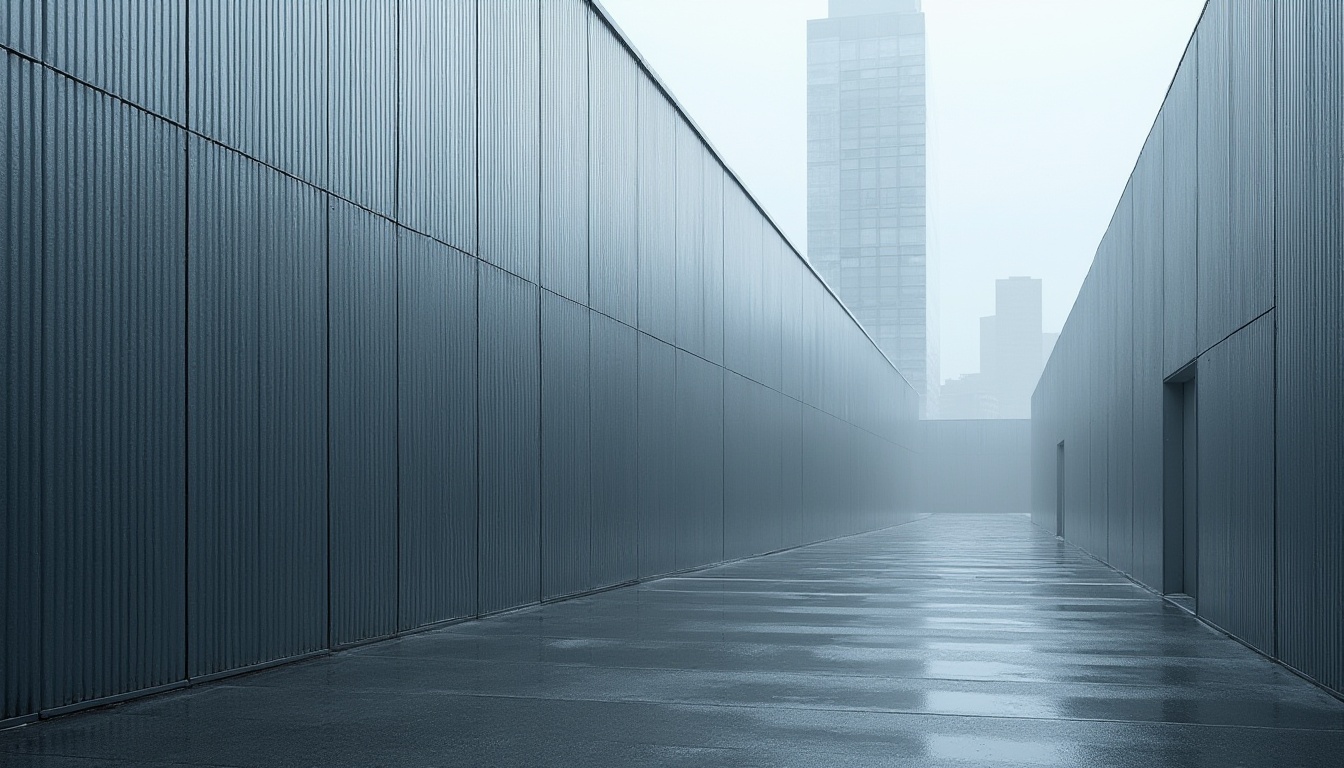 Prompt: Modern architectural design, corrugated metal wall, silver reflective material, industrial chic, urban cityscape, skyscraper, metallic luster, clean lines, minimalist aesthetic, 3/4 composition, low-angle shot, dramatic lighting, foggy atmosphere, raindrops on metal surface.