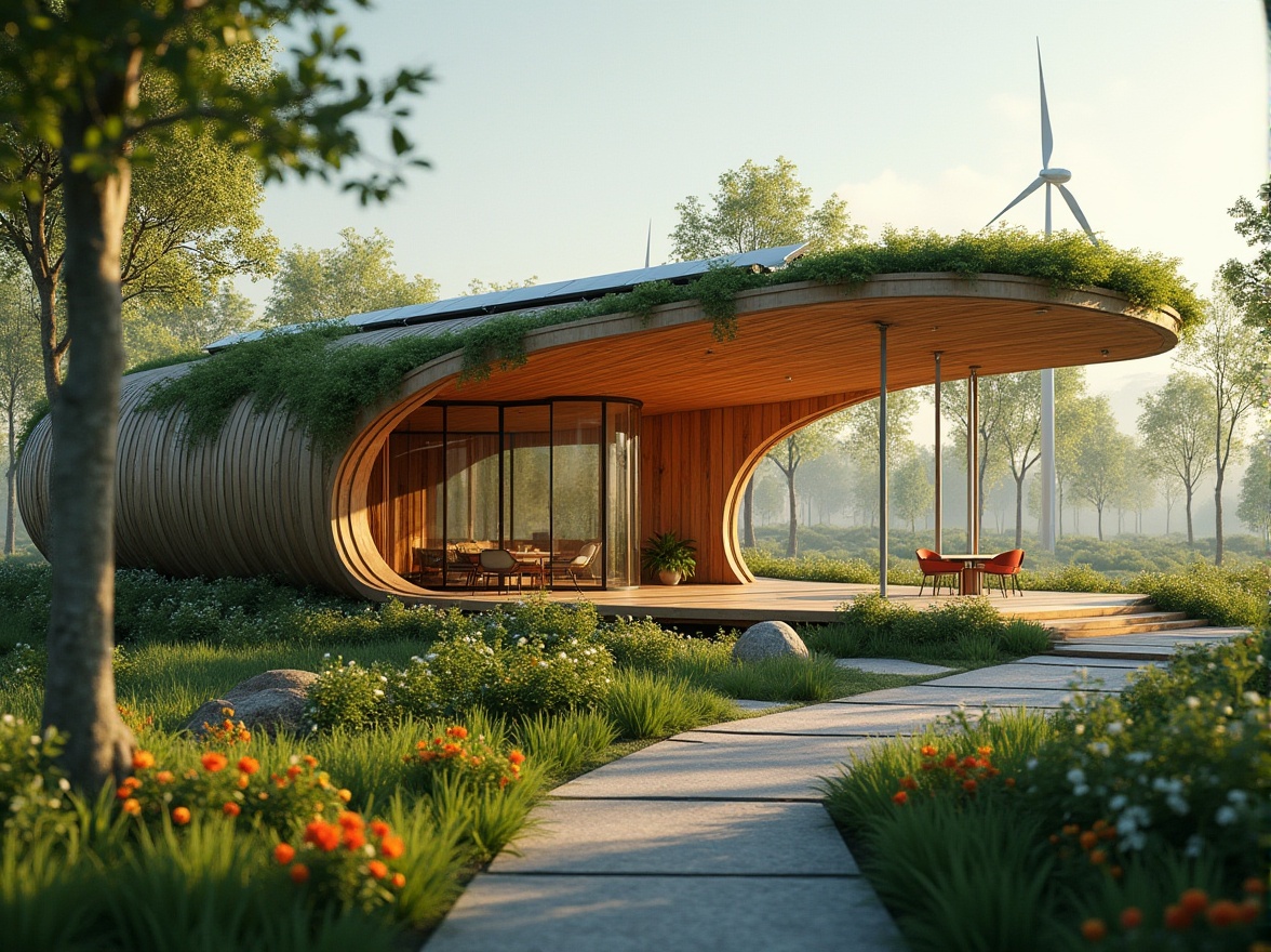 Prompt: Eco-friendly pavilion, futuristic architecture, green roof, solar panels, wind turbines, recycled materials, bamboo structure, large windows, natural light, ventilation, minimal carbon footprint, surrounded by lush greenery, trees, flower beds, serene ambiance, warm lighting, 3/4 composition, shallow depth of field, cinematic atmosphere, sustainable development.