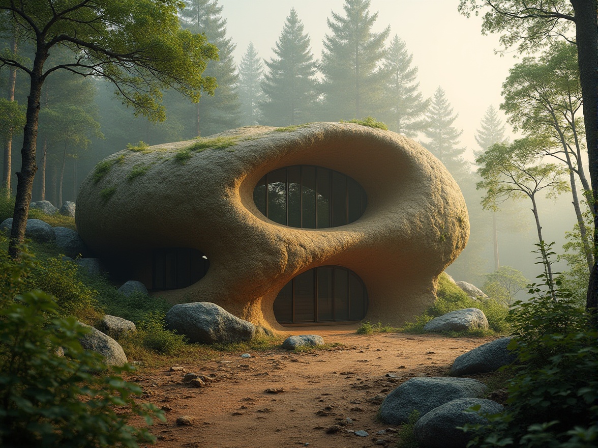 Prompt: Natural, earthy tone, muddy texture, sustainable design concept, modern architecture, green building, eco-friendly materials, organic shape, irregular form, natural curves, blending with nature, forest surroundings, trees towering above, misty atmosphere, soft warm light, 3/4 composition, shallow depth of field.