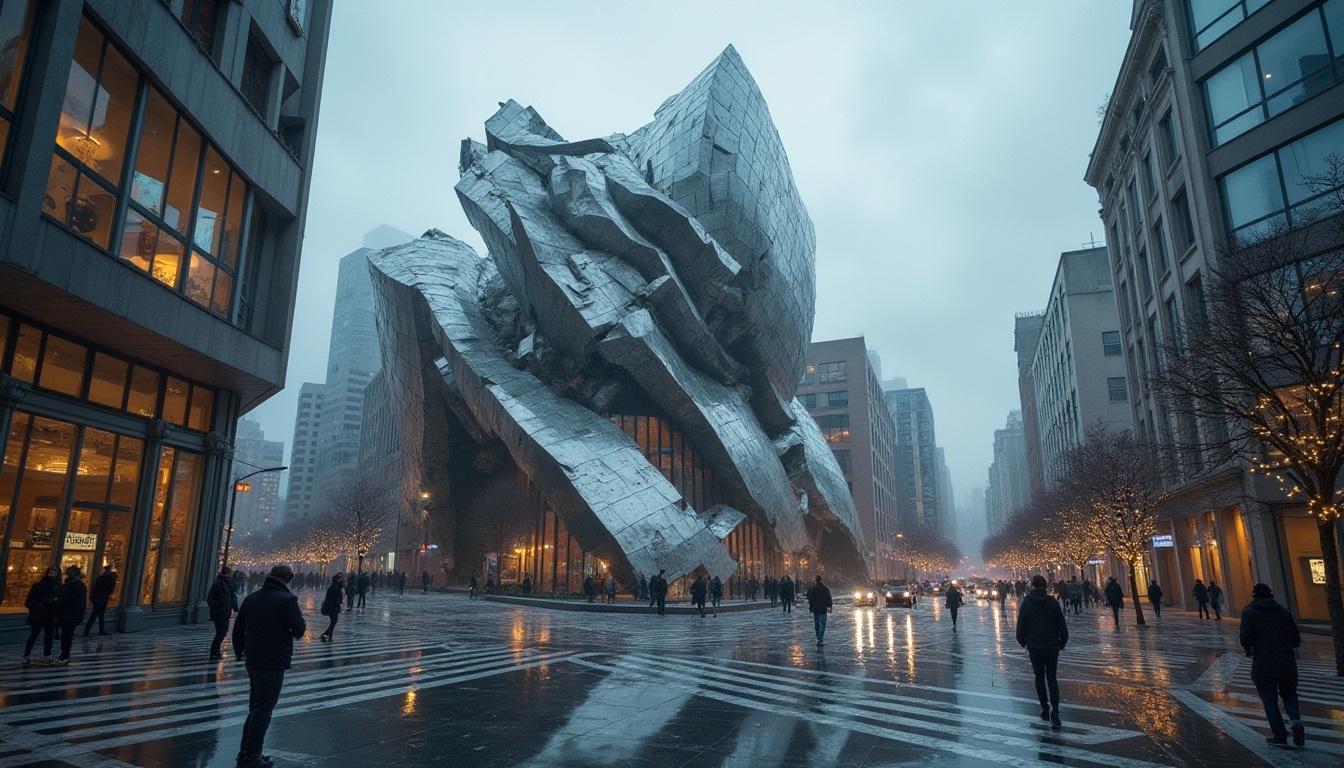 Prompt: Deconstructivist monument, abstract architecture, fragmented structure, irregular shapes, metallic material, reflective surface, broken columns, twisted arches, shattered glass, urban cityscape, busy streets, contemporary atmosphere, moody lighting, dramatic shadows, low-angle shot, cinematic composition, 3/4 view, architectural photography, high-contrast tone.