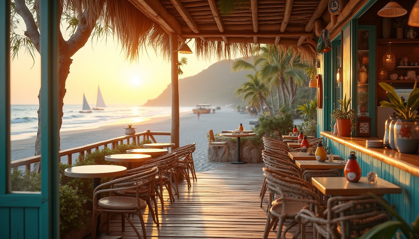 Prompt: Cozy beachside coffee shop, morning sunlight, warm golden lighting, wooden deck, driftwood furniture, rattan chairs, glass tables, nautical ropes, seashell decorations, surfboard-inspired wall art, turquoise-colored accents, potted palm trees, sandy dunes, calm ocean waves, sailboats in the distance, refreshing sea breeze, misty atmosphere, soft focus, warm color palette, inviting ambiance, 3/4 composition, shallow depth of field.