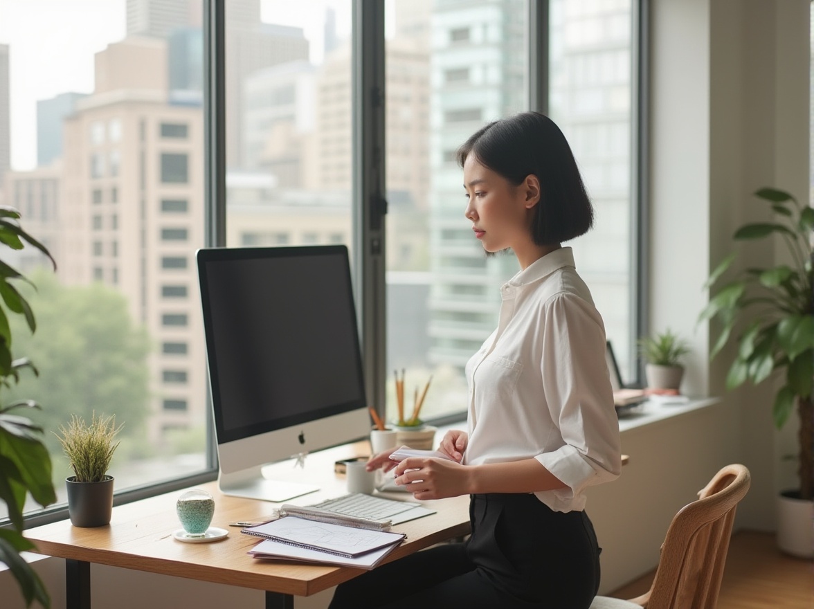 Prompt: Modern minimalist designer, female, 25yo, short black hair, subtle makeup, elegant posture, wearing a white shirt, black trousers, standing in front of a sleek wooden desk, surrounded by inspirational design books, pencils, and a large iMac, balancing a cup of coffee, holding a sketchbook, with a few rough sketches, in a bright and airy Scandinavian-inspired office, with plenty of natural light pouring in through the large windows, overlooking a bustling cityscape, with a few potted plants adding a touch of greenery, warm and inviting atmosphere, softbox lighting, shallow depth of field.