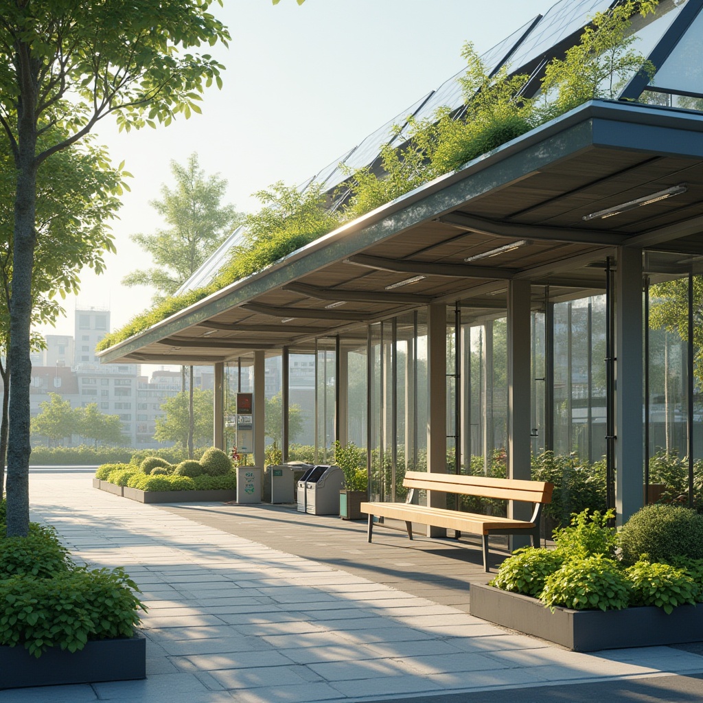 Prompt: Modern bus station, sustainable design, green roof, solar panels, natural ventilation, large windows, LED lights, recycling bins, wooden benches, living walls, urban garden, cityscape, morning sunlight, soft focus, shallow depth of field, eco-friendly materials, energy-efficient systems, futuristic architecture, minimalist style, calm atmosphere.