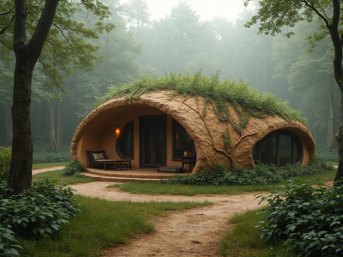 Prompt: Mud material, natural earthy tone, rough texture, sustainable design concept, eco-friendly architecture, earthship style building, curvy organic shape, green roof with plants, surrounded by lush forest, misty atmosphere, warm soft lighting, 3/4 composition, cinematic depth of field.