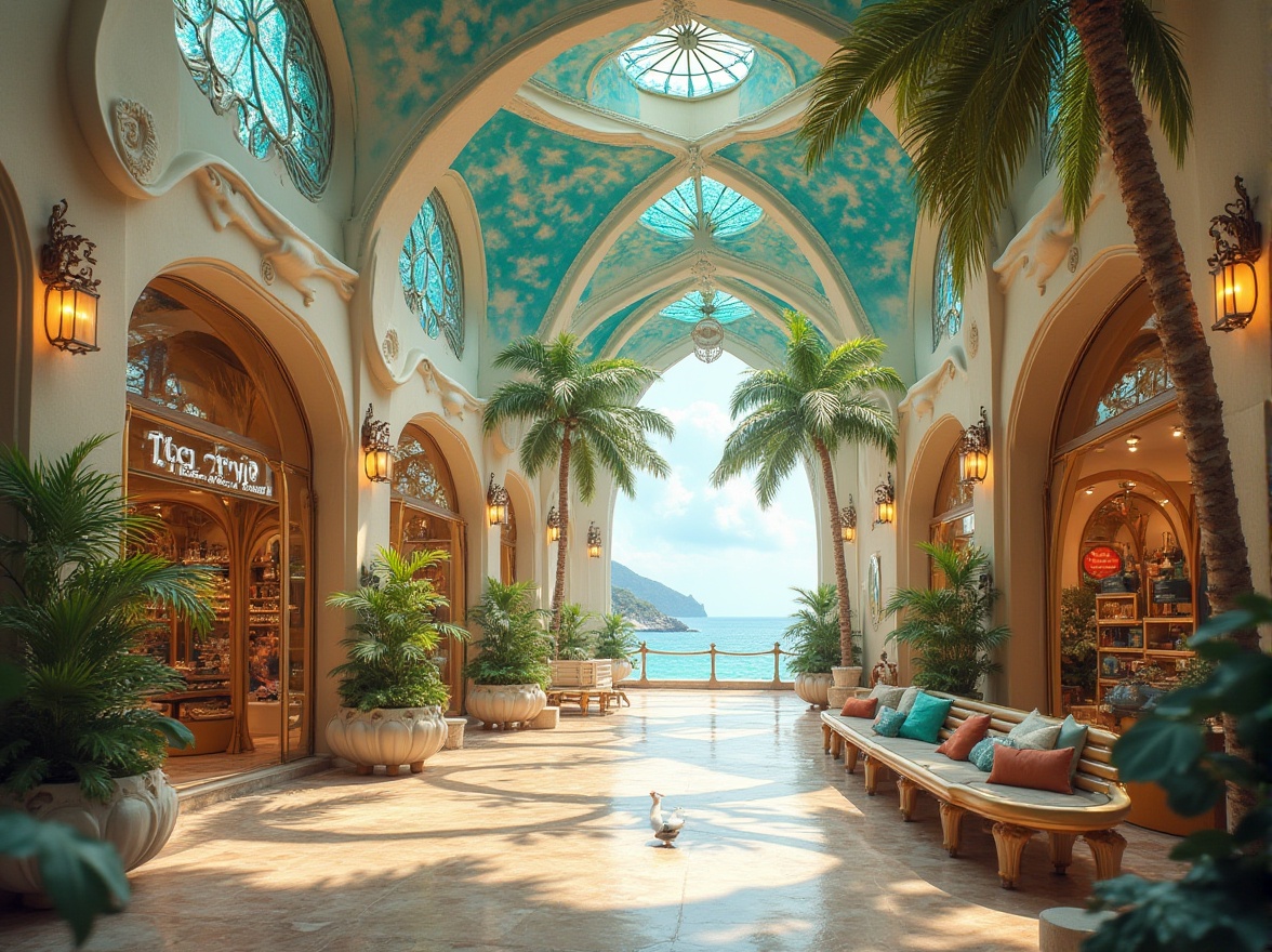 Prompt: Art Nouveau shopping center, beach-inspired, grandiose, ornate decorations, wavy lines, flowing curves, seashell patterns, ocean-blue domes, iridescent glass mosaics, intricate ironwork, ornate lanterns, sandy beige walls, turquoise accents, coral-like columns, driftwood benches, seagull silhouettes, beachy atmosphere, warm sunny lighting, soft focus, shallow depth of field, palm trees, tropical plants, ocean views, coastal landscape, serene ambiance.