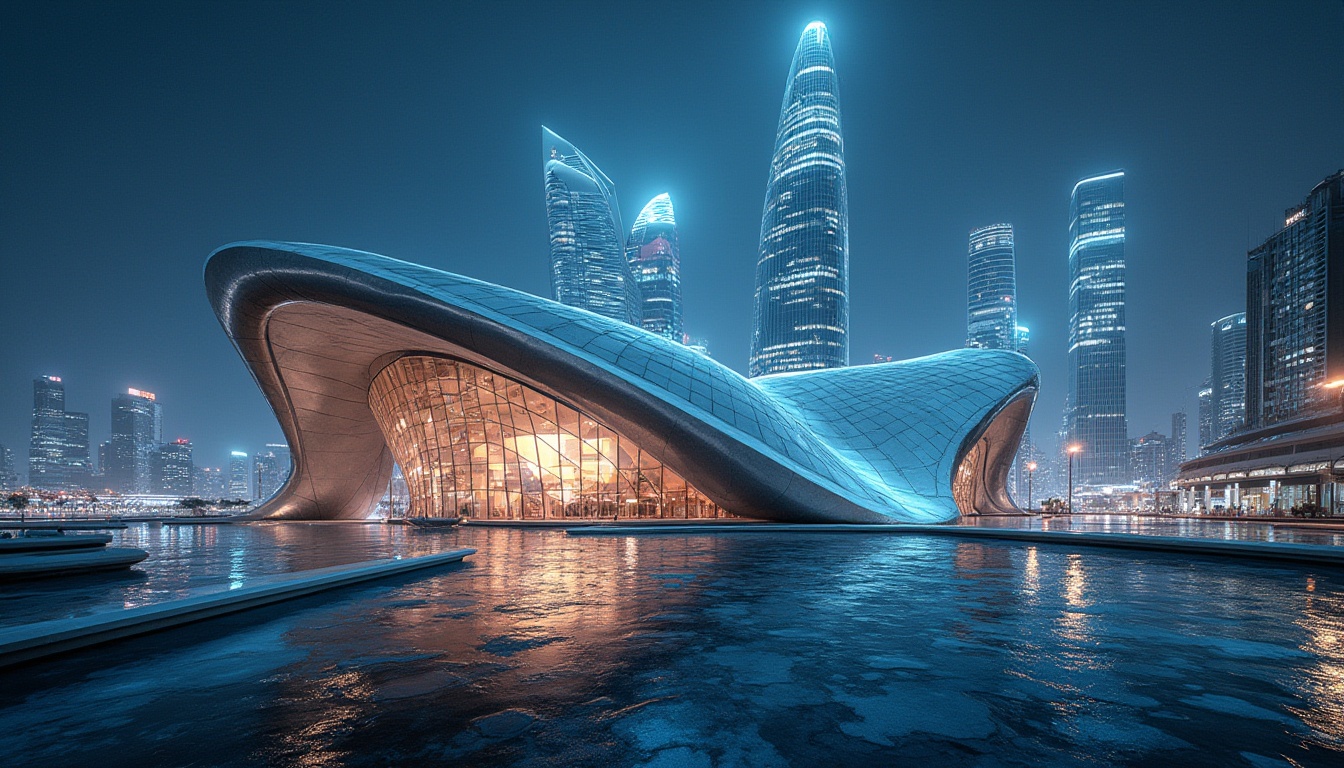 Prompt: Futuristic, innovative, modern architecture, fibreglass material, translucent walls, curved lines, sleek structure, urban landscape, cityscape, metropolitan, skyscraper, metallic accents, neon lights, night scene, low-angle shot, dramatic lighting, cinematic composition, 3/4 view, reflective surface, glass-like texture.