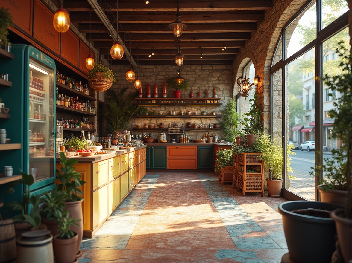 Prompt: Suburban grocery store, eclectic style, vibrant color scheme, mix-matched tiles, wooden shelves, retro-style refrigerators, colorful lanterns, potted plants, woven baskets, natural stone walls, large windows, plenty of natural light, busy street corner, residential neighborhood, morning sunlight, soft shadows, warm atmosphere, shallow depth of field, Dutch angle composition.