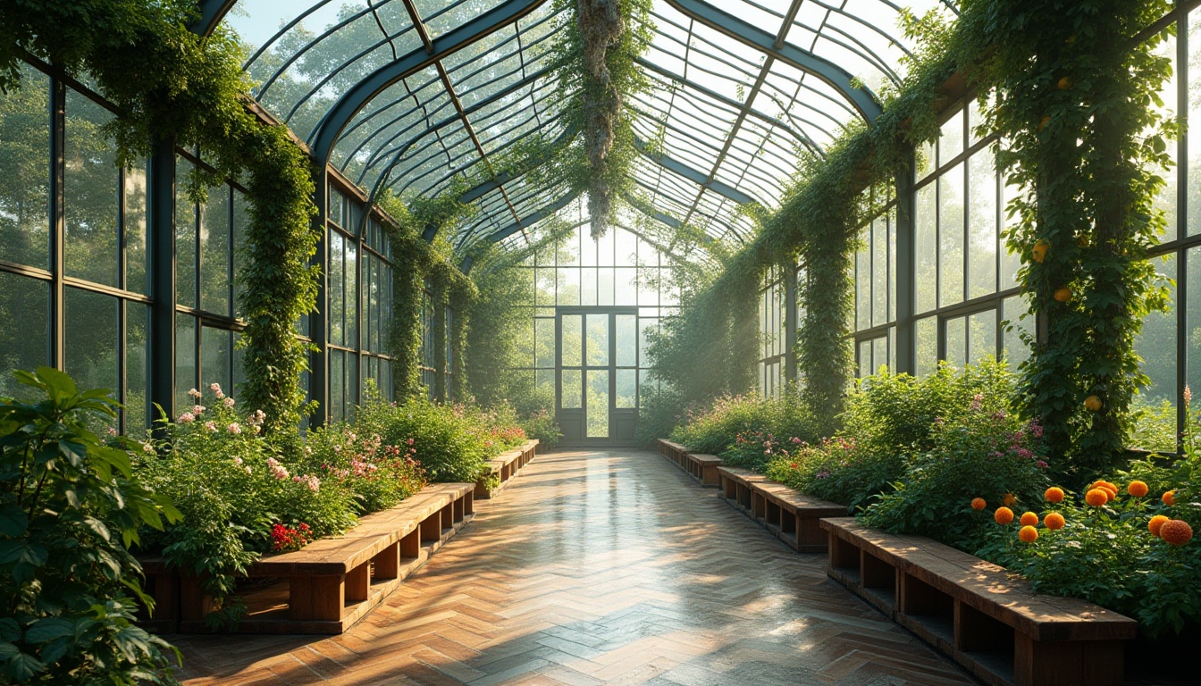 Prompt: Modern greenhouse, steel frame structure, transparent glass walls, curved roof, lush greenery inside, natural light pouring in, various types of plants, flowers blooming, trees bearing fruits, vines climbing up the steel beams, rustic wooden benches, water misting system, automatic irrigation, warm and cozy ambiance, soft natural lighting, panoramic view, 3/4 composition, realistic reflection on glass surface.