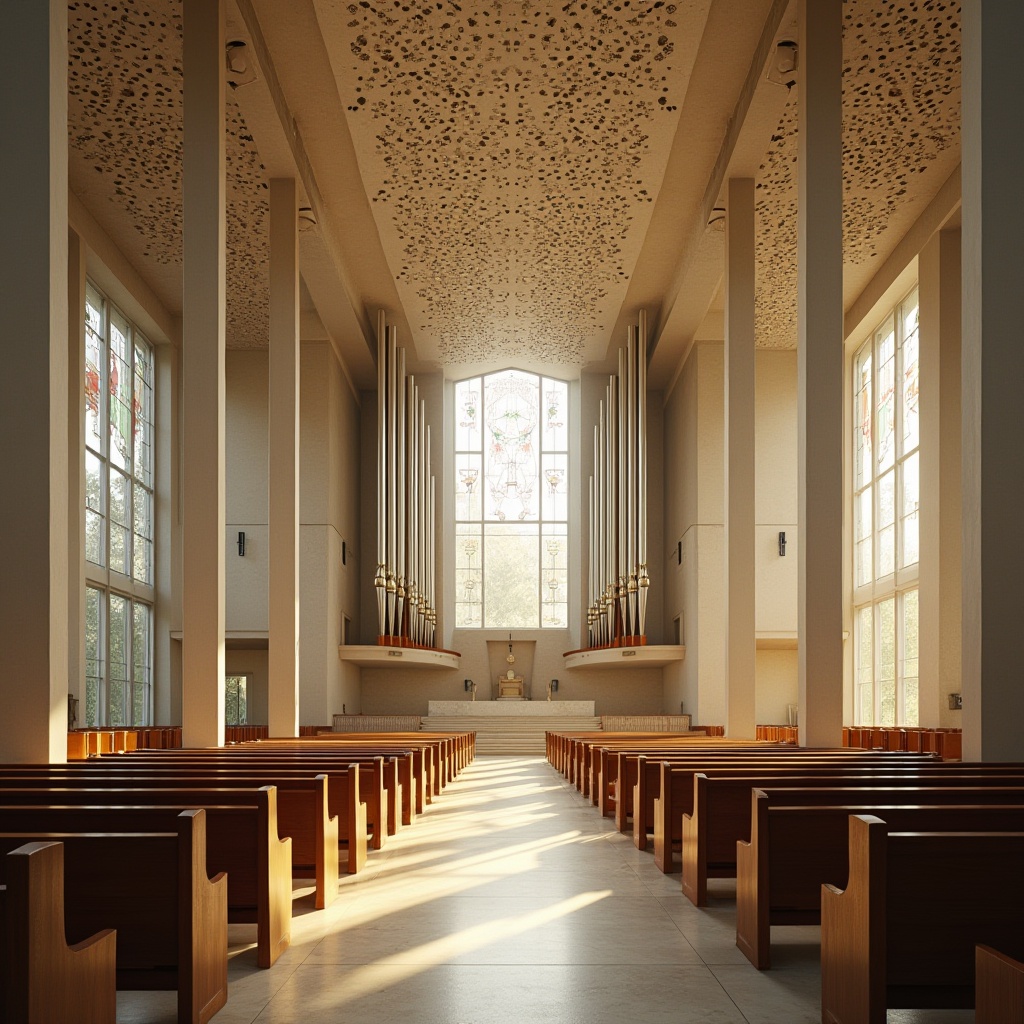 Prompt: Modern church interior, perforated metal ceiling, geometric patterns, indirect lighting, holy atmosphere, large stained glass windows, wooden pews, polished marble floor, intricate stone carvings, grand organ pipes, subtle shadows, soft focus, warm beige tones, natural light filtering through the perforations, gentle diffused illumination, calm ambiance, 3/4 composition, low-angle shot, symmetrical framing, depth of field, realistic rendering.