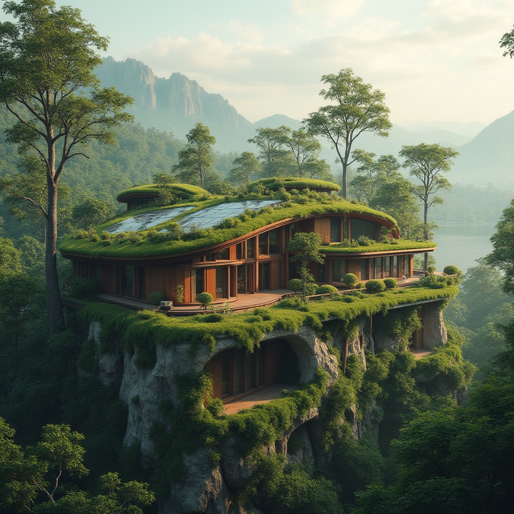 Prompt: Eco-friendly building, organic architecture, green roof, lush vegetation, solar panels, rainwater harvesting system, recycled materials, natural stone walls, wooden beams, earthy color palette, curved lines, irregular shapes, futuristic design, sci-fi ambiance, atmospheric lighting, misty morning, warm sunlight, serene atmosphere, surrounded by dense forest, distant mountains, tranquil lake in the background, 3/4 composition, low-angle shot, cinematic mood.