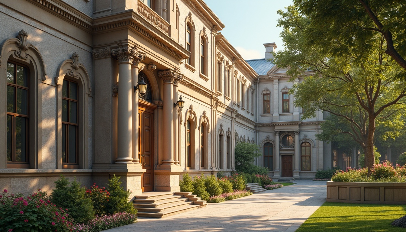 Prompt: Classical school building, bronze accents, intricate details, ornate facade, grand entrance, stone walls, tall pillars, high ceilings, large windows, wooden doors, bronze door handles, decorative bronze lanterns, lush greenery, surrounding gardens, vibrant flowers, tranquil atmosphere, afternoon sun, soft warm lighting, 3/4 composition, shallow depth of field.