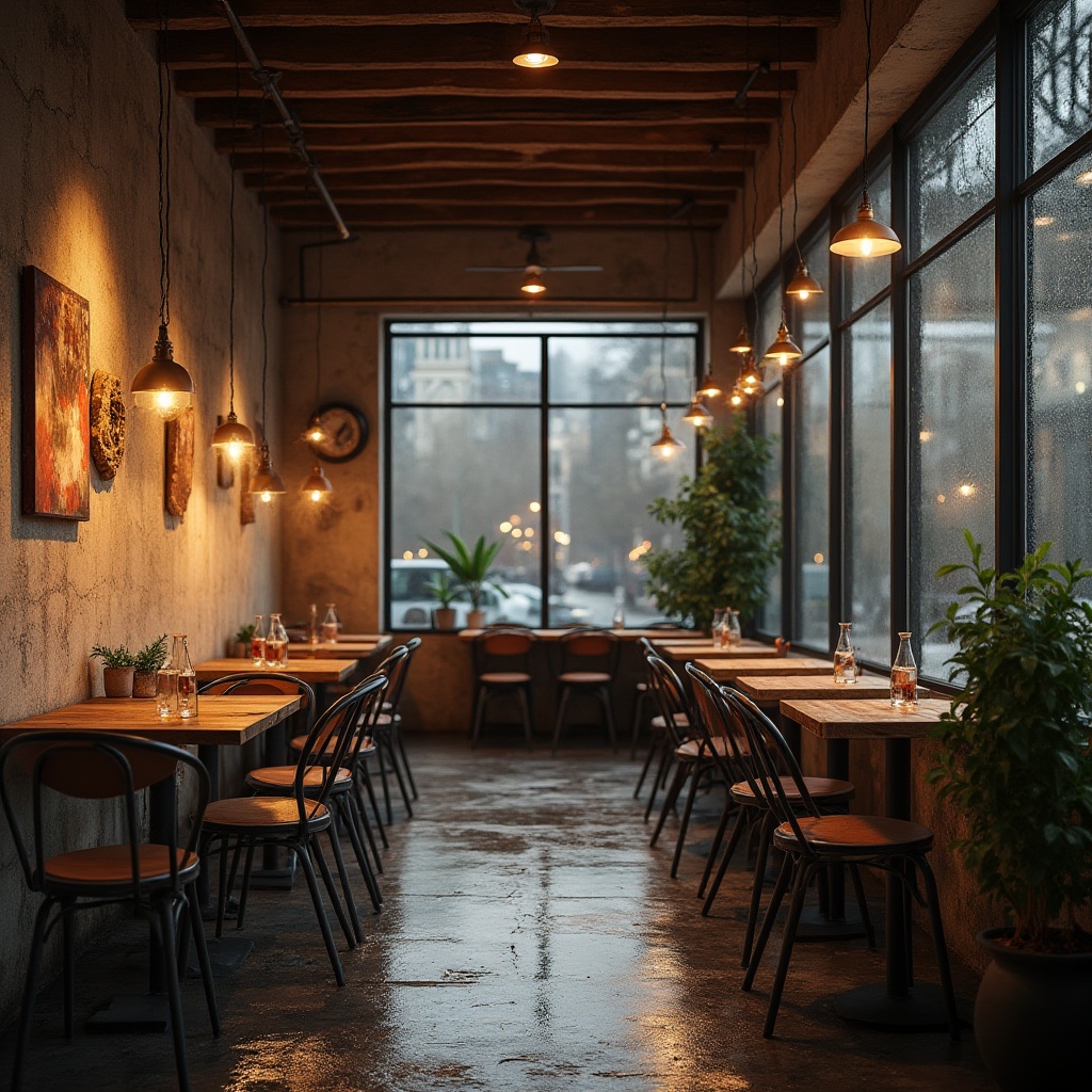 Prompt: Modern pub interior, industrial style, exposed plastered concrete walls, rough texture, warm beige color, wooden accents, dimmed lighting, pendant lamps, rustic wooden tables, metal chairs, scattered potted plants, large glass windows, cityscape view, rainy evening, soft focus, cinematic composition, 3/4 frame, shallow depth of field.