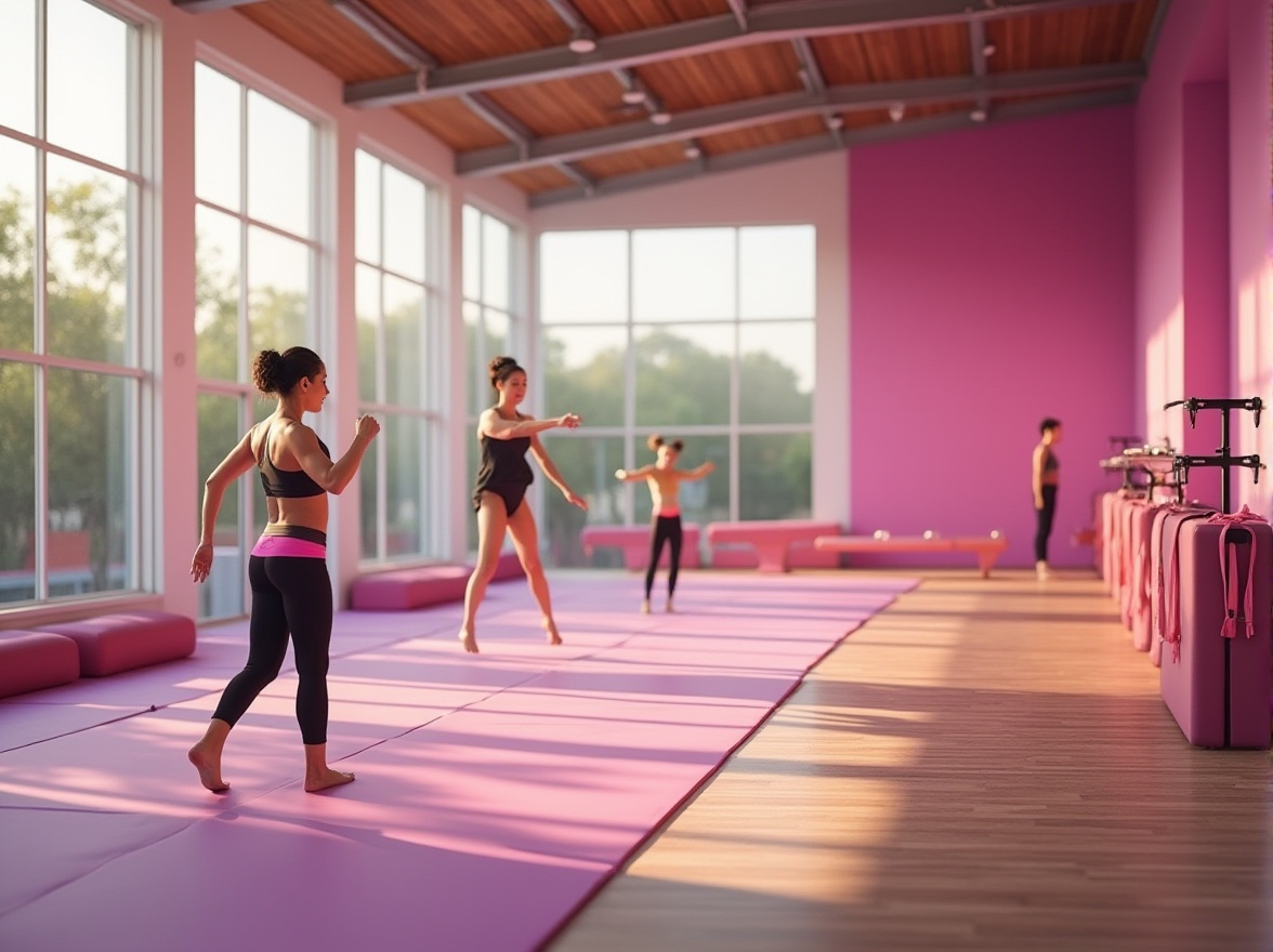 Prompt: Interior gymnasium design, orchid color scheme, modern architectural style, large windows, natural light pouring in, wooden flooring, sleek lines, minimalist decor, vibrant orchid accents on walls and equipment, contrast with neutral tones, dynamic shapes of gymnastic equipment, athletes in action, jumping, stretching, sweat droplets, intense facial expressions, soft focus background, warm lighting, 3/4 composition, shallow depth of field, realistic textures, ambient occlusion.