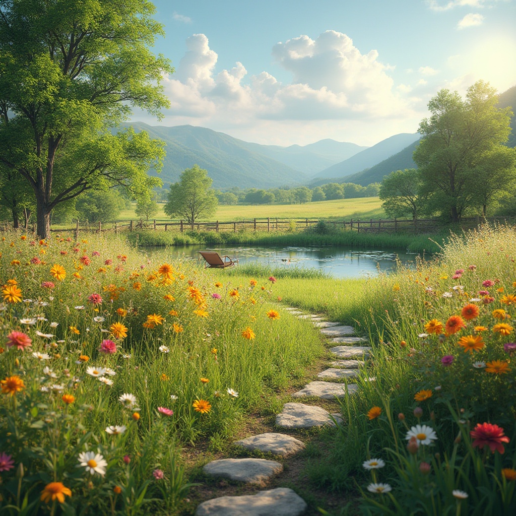 Prompt: Serenely peaceful meadow, abundant wildflowers in vibrant colors, lush green grass, rustic wooden fence, sunny afternoon, warm soft lighting, gentle breeze, few puffy white clouds, distant rolling hills, a tranquil pond reflecting the sky, water lilies floating on the surface, a winding stone path, comfortable outdoor furniture, natural textures, earthy tones, cozy atmosphere, 3/4 composition, shallow depth of field.