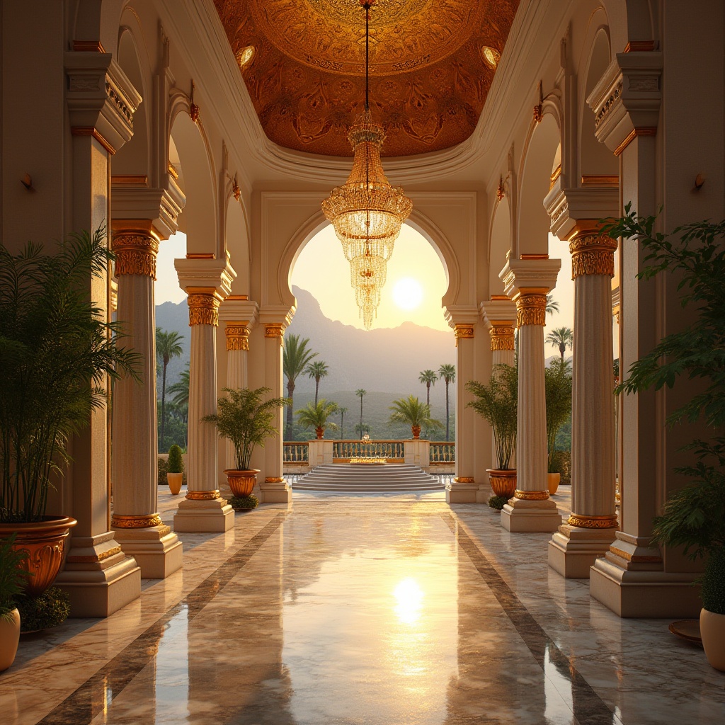 Prompt: Luxurious villa, Mediterranean style, golden dome, intricate arches, ornate columns, grand entrance, marble flooring, golden accents, lavish chandeliers, opulent furnishings, warm ambient lighting, sunset glow, gentle breeze, palm trees, lush greenery, majestic mountains in the background, cinematic composition, 3/4 view, soft focus on the golden details.