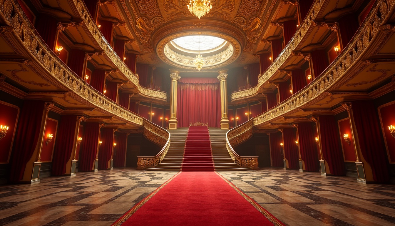 Prompt: Grand opera house, canyon-inspired architecture, majestic entrance, red carpet, golden ornate details, grand staircase, high ceilings, intricate chandeliers, luxurious velvet curtains, dramatic spotlights, evening scene, warm ambient lighting, 3/4 composition, low-angle shot, cinematic mood, bold textures, majestic columns, marble floors, lavish decorations.