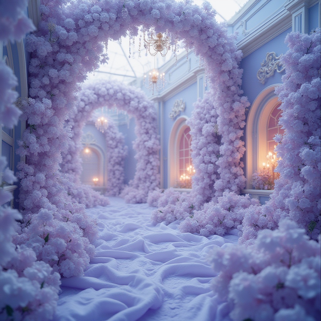 Prompt: Lavender blue color palette, Art Nouveau style, ornate details, floral patterns, soft curves, whispy lines, elegant typography, luxurious fabrics, velvet, silk, intricate ornaments, nature-inspired motifs, dreamy atmosphere, warm soft lighting, 3/4 composition, shallow depth of field, romantic ambiance, vintage flair.