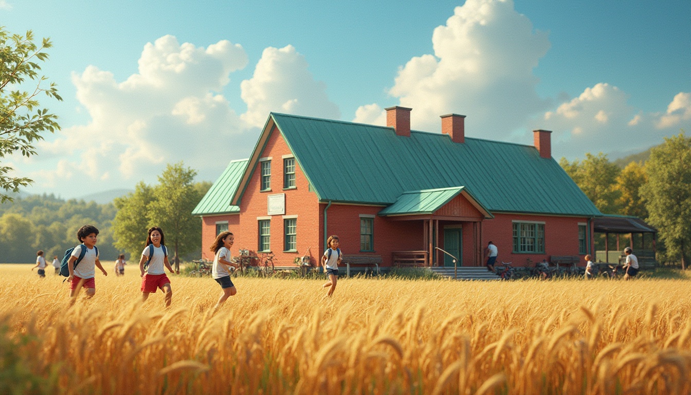 Prompt: Rural school, farmland setting, red brick building, green roof, surrounded by vast wheat fields, white clouds, blue sky, few trees nearby, old wooden benches, rusty farm tools, bicycles parked outside, cheerful students, casual clothes, backpacks, running, playing, laughing, warm sunlight, soft focus, 3/4 composition, natural lighting, peaceful atmosphere, educational environment.