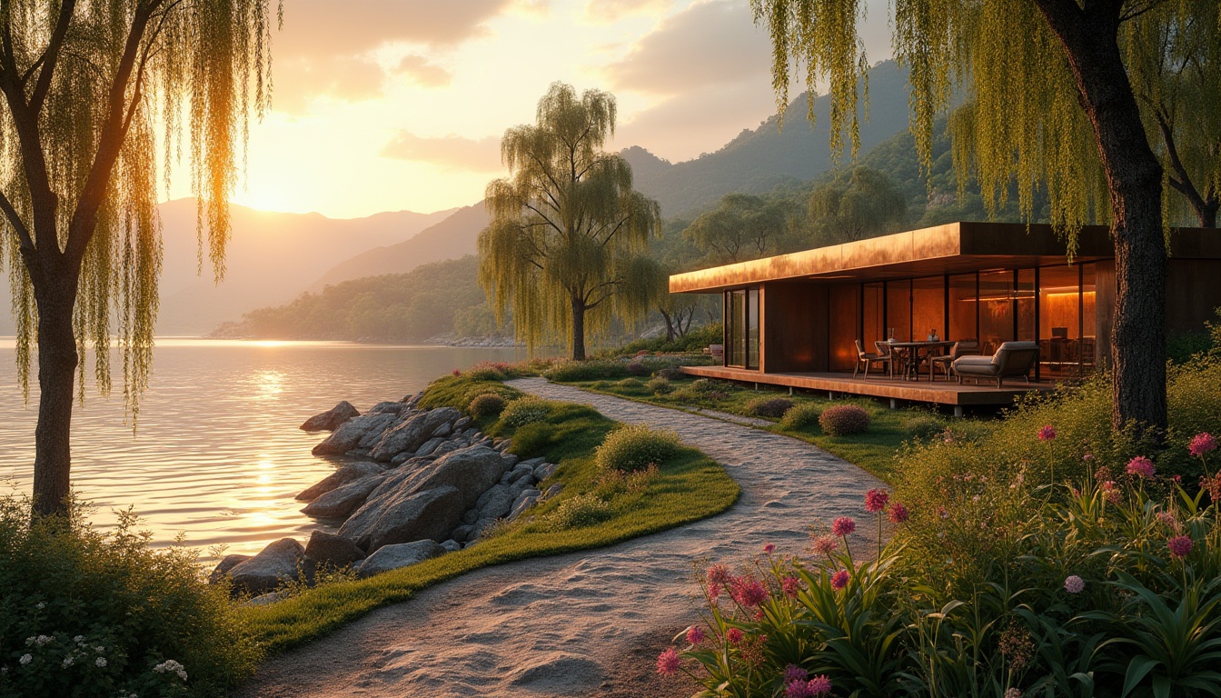 Prompt: Copper material, riverbank design, modern architecture, luxurious villa, serene natural scenery, tranquil atmosphere, warm sunset lighting, soft ripples on water surface, lush greenery, weeping willows, blooming wildflowers, narrow dirt path, old wooden benches, distant mountains, rustic copper accents, metallic texture, reflective surface, elegant lines, minimal composition, cinematic mood, shallow depth of field, warm ambient light.