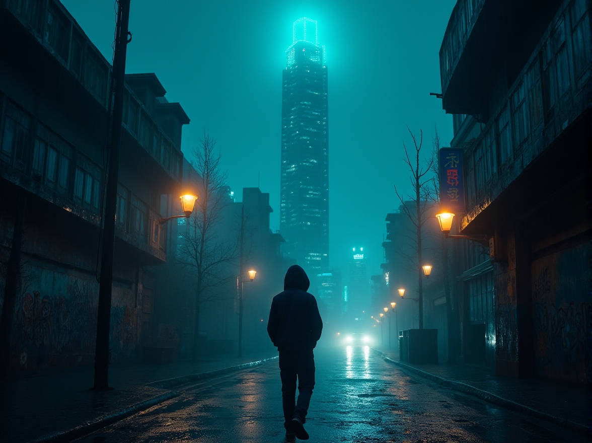 Prompt: Dark cyan background, mysterious ambiance, futuristic cityscape, sleek skyscraper, neon lights reflecting off wet pavement, rainy night, puddles, dark cyan glow emanating from street lamps, misty atmosphere, solo figure in the distance, hoodie up, hands in pockets, walking away, dimly lit alleyway, graffiti on walls, dark cyan accents on street signs, 3/4 composition, cinematic lighting, high contrast.