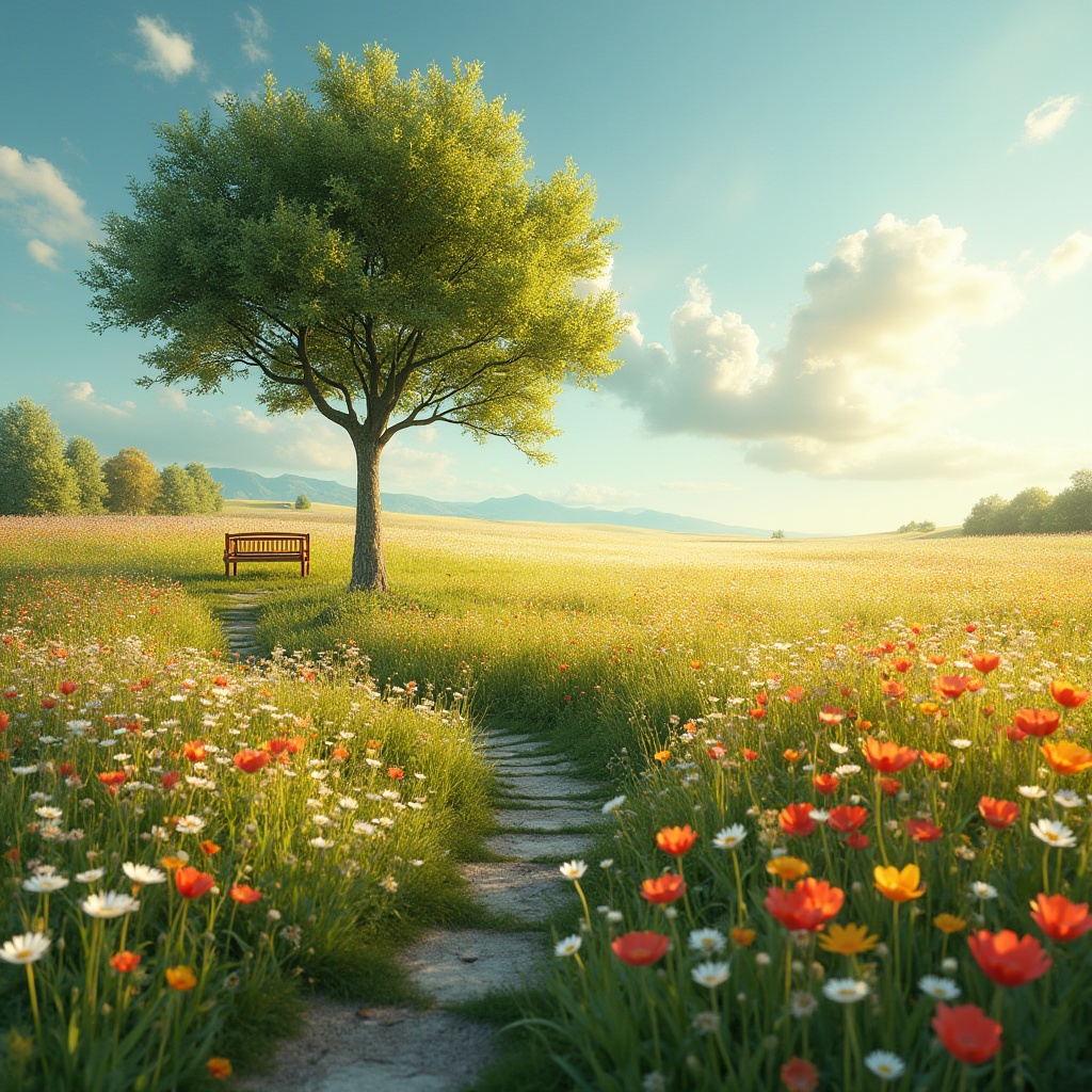 Prompt: Meadow landscape, warm sunlight, vibrant wildflowers blooming in every color, gentle breeze rustling petals, a lone tree standing tall, wooden bench beneath its shade, few puffy white clouds drifting lazily across the sky, soft green grass swaying gently, natural stone path winding through the meadow, serene atmosphere, warm ambient lighting, shallow depth of field, peaceful composition.