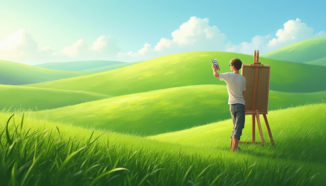 Prompt: Rolling hills of green grass, gentle slope, serene atmosphere, natural canvas, painter standing, easel set up, colorful palette, brush in hand, artistic expression, warm sunlight, few white clouds, vast open space, endless horizon, subtle wind blowing, rustling sound of grass, peaceful ambiance, soft focus, shallow depth of field, impressionist style, oil painting texture.